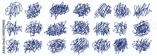 Messy pen scratch hand drawn doodle elements. Abstract scribble textures with pen strokes. Messy doodles and chaotic line patterns, sketchy hand-drawn elements