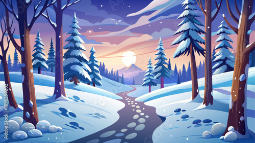 Vector winter landscape with snowy forest and path