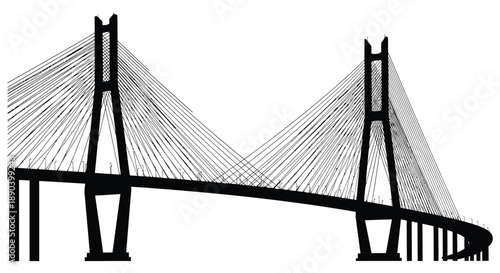 A striking black silhouette of a cable stayed bridge with a curved deck and towering support structures silhouette high quality professional detailed