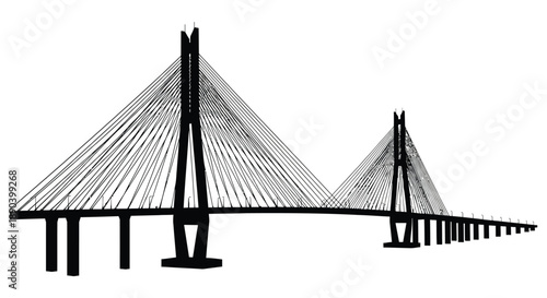 A striking black and white silhouette of a cable stayed bridge with symmetrical towers and roadway silhouette high quality professional detailed modern