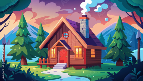 Vector illustration of a cozy cabin in a forest
