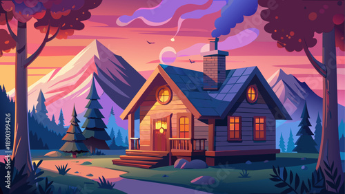 Vector illustration of a cozy cabin in a mountain landscape at sunset