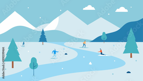 Vector illustration of people skiing in snowy mountain landscape