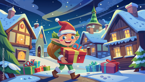 Vector illustration of smiling Christmas elf carrying gifts in snowy village