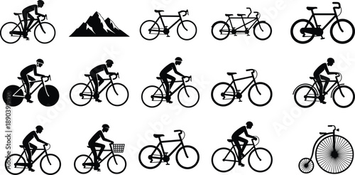 Bicycle silhouettes, cyclist icons, road bike, mountain bike, tandem cycle, city rider, vintage penny-farthing, black vector, cycling design, sport illustration