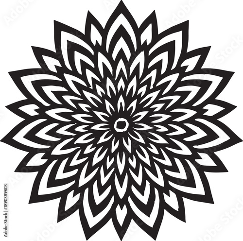 Radial black and white flower pattern with abstract geometric, intricate sharp circular motif vector.