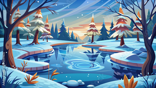 Winter landscape vector illustration with snow covered trees and frozen pond