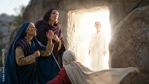 Women witnessing an angel at the empty tomb with bright light during the biblical resurrection narrative for religious content