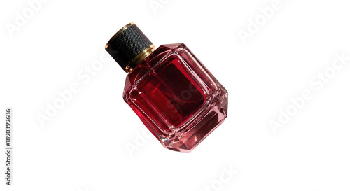 Luxury Red Perfume Bottle With Gold Accent And Black Cap isolated on transparent background