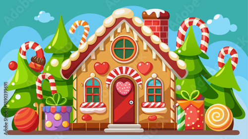 Vector Christmas gingerbread house with candy and trees