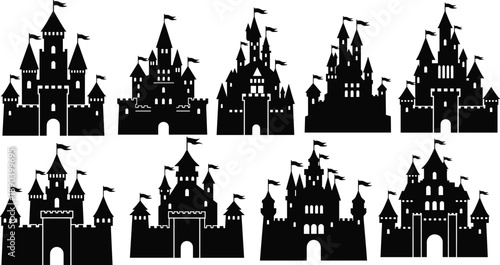 Castle silhouettes, medieval architecture, fantasy fortress, turret design, historic structure, royal palace, battlement icons, fairytale castle, gothic towers, architectural illustration