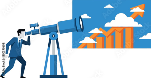 Businessman analyzing market growth through telescope
