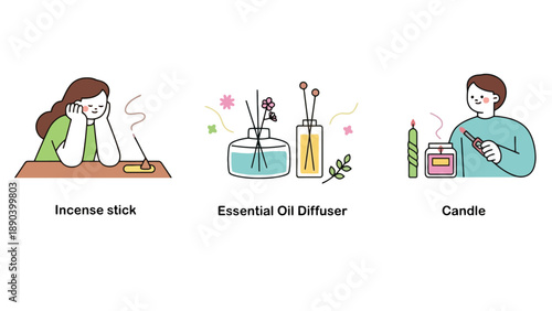 A person relaxing with an incense stick, essential oil diffuser, and candle for a calming atmosphere