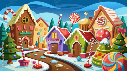 Vector Christmas village landscape with cartoon houses and sweets
