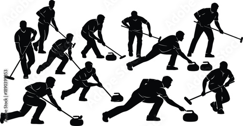 Curling silhouettes, winter sport, sweeping motion, curling stone, athlete pose, ice game, team action, black vector, sports icon, dynamic illustration