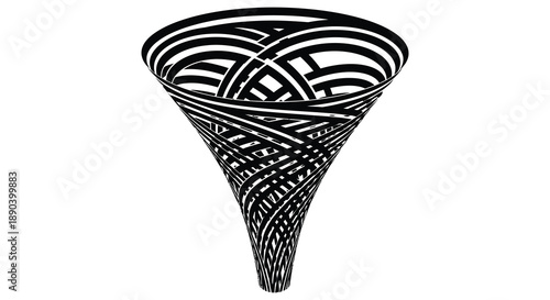 A striking black and white optical illusion depicting a swirling conical form presented as a dark silhouette high quality professional detailed modern elegant
