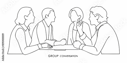 Four people engaged in a conversation around a table illustrated in a linear style