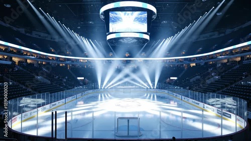 Sweeping cinematic wide shot of an empty hockey arena ice surface bathed in dramatic blue and white celebratory light beams and spotlights after the final buzzer blue, shot, excitement