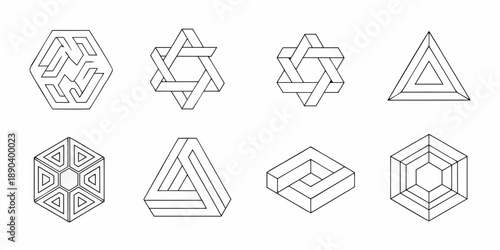 Optical illusions featuring impossible shapes and geometric line drawings