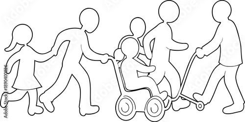 Line drawing depicting a family walking together with a stroller