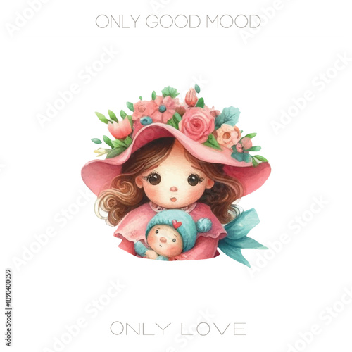 A sweet watercolor vector illustration of a little girl holding a doll. Gentle, nostalgic tones perfect for vintage, cozy, and childhood-themed designs.