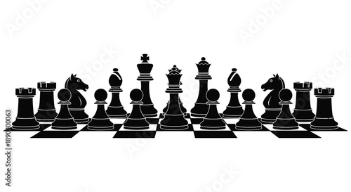 A complete set of black chess pieces arranged on a checkered board presented as a striking silhouette high quality professional detailed