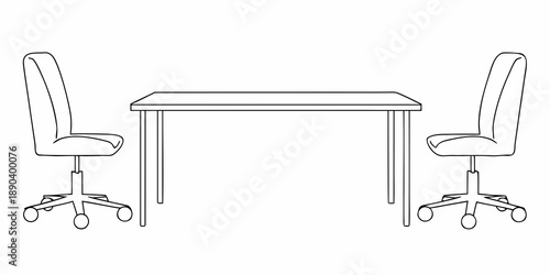 Simple line drawing of a desk with two office chairs facing each other