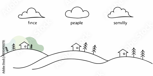 Simple hand drawn landscape with houses trees hills and whimsical clouds