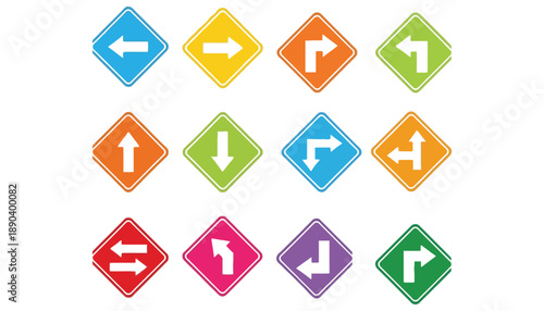 A collection of colorful directional signs on a white background