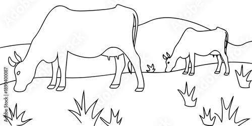 Line drawing of camels grazing in a desert landscape with sparse vegetation