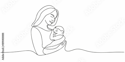 A continuous line drawing depicts a mother tenderly cradling her baby