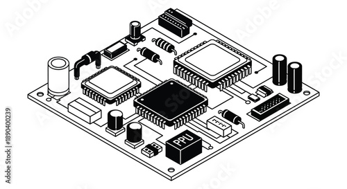 An isometric view of a complex circuit board with various electronic components rendered as a striking silhouette high quality professional detailed