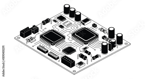 An isometric view showcasing a complex circuit board with numerous electronic components presented as a silhouette high quality professional detailed modern