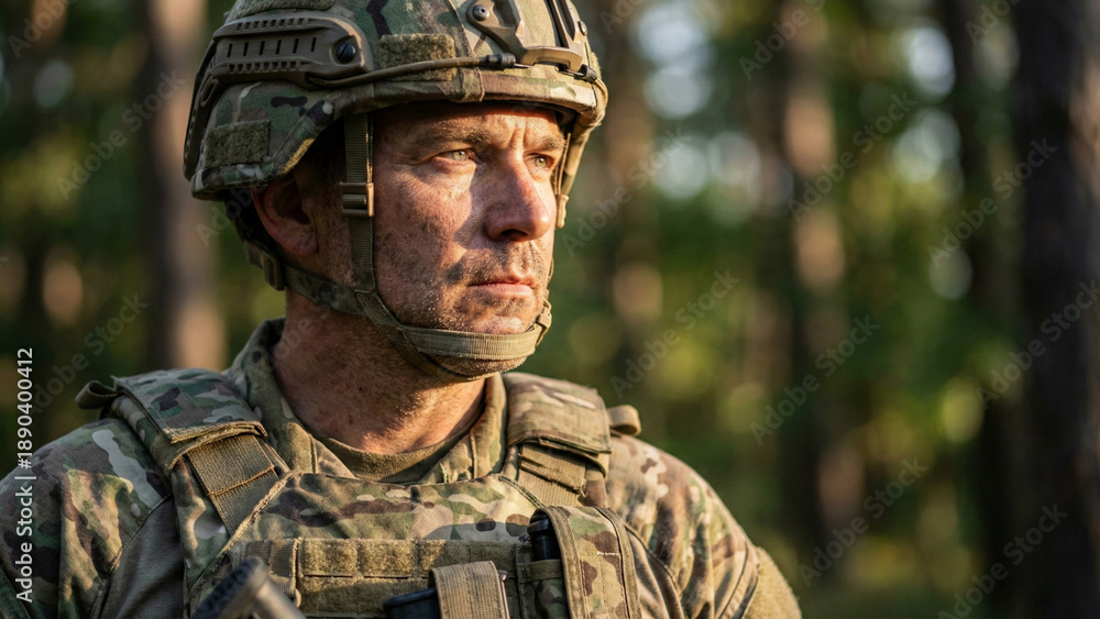 Fototapeta premium Portrait of serious soldier in tactical camouflage gear in forest at sunset