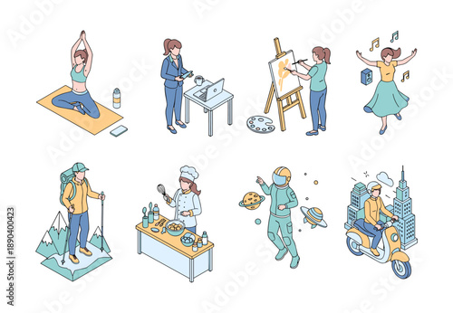People engaged in various hobbies, professions, and activities