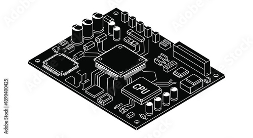 An isometric view of a circuit board with various electronic components presented as a dark silhouette high quality professional detailed modern