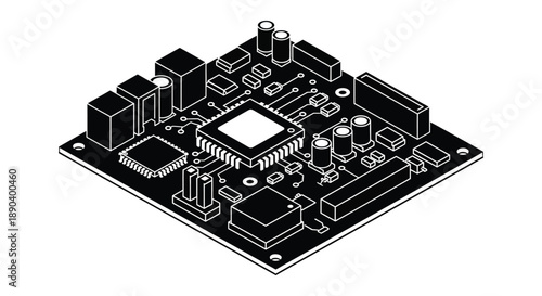 A detailed isometric illustration of a circuit board with various electronic components presented as a striking silhouette high quality professional modern