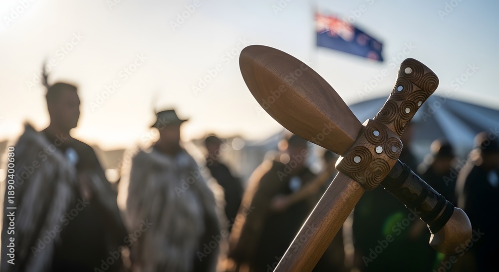 Fototapeta premium Maori warrior holding traditional wooden taiaha with flag in background