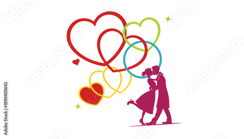 A romantic couple dancing together with colorful hearts floating above them