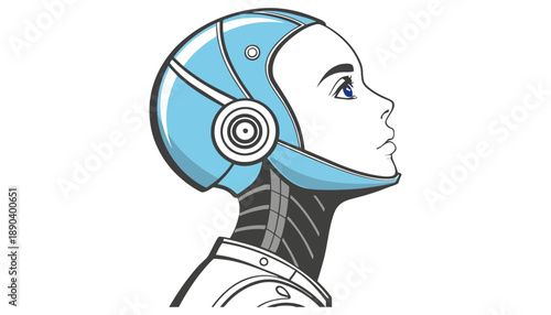 A cartoon illustration of a woman wearing a futuristic robotic helmet