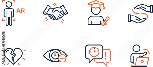 Business communication and human interaction icons set featuring trust education emotion support and digital work flat vector illustration