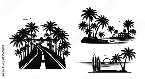 A tropical coastal scene depicting palm trees a winding road and a small island with huts presented as a silhouette