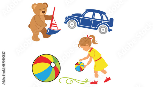 A colorful illustration of a little girl playing with toys outside