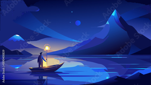 Man in boat with lamp on lake at night