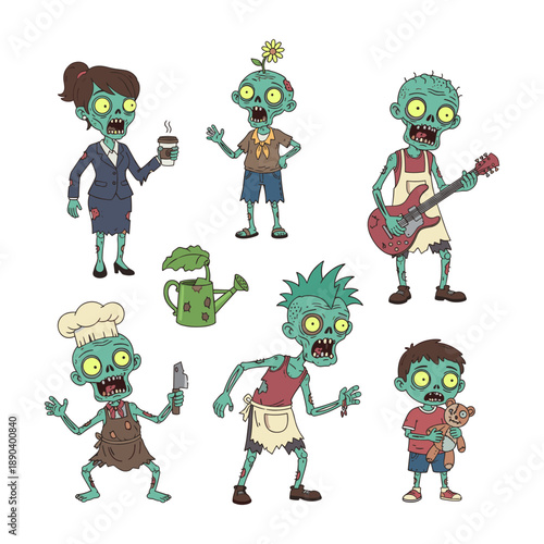 Diverse cartoon zombie characters representing various professions