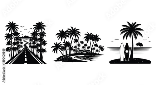 A tropical coastal scene with palm trees a winding road and surfboards depicted in striking black silhouette high quality professional detailed