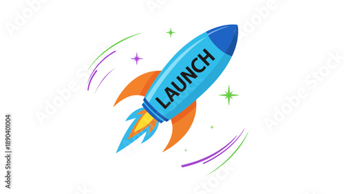 A colorful cartoon rocket ship blasting off into space with launch text