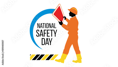 A worker in orange holds a red sign on National Safety Day