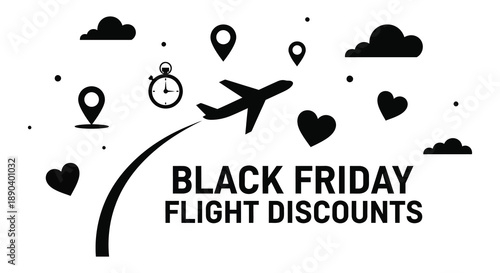 Black friday flight discounts are advertised with travel icons and a bold text display featuring a silhouette high quality professional detailed