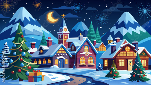 Christmas town with decorated trees night